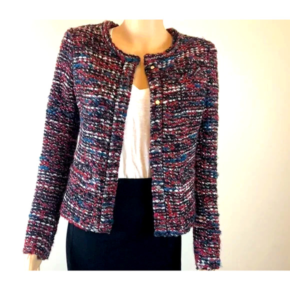 IRO Carene Tweed Jacket Blazer Knit Knotted Boucle Red Black Wool Blend 34 XS - Picture 4 of 11